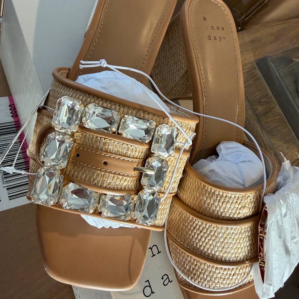 A New Day beige Rhinestone Embellished chunky heel sandals